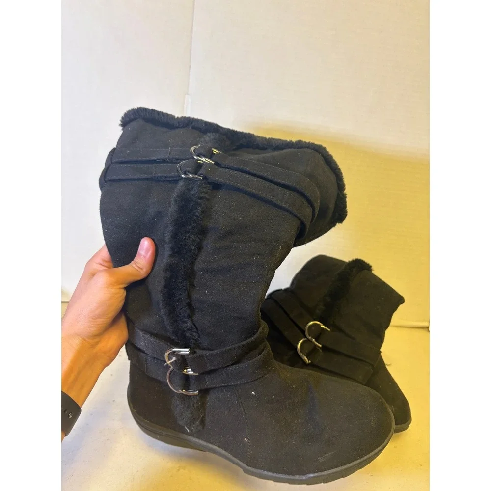 Shoe Dept Buffy Black Faux Suede Fur Trim Mid Calf Buckle Boots Womens 8.5M